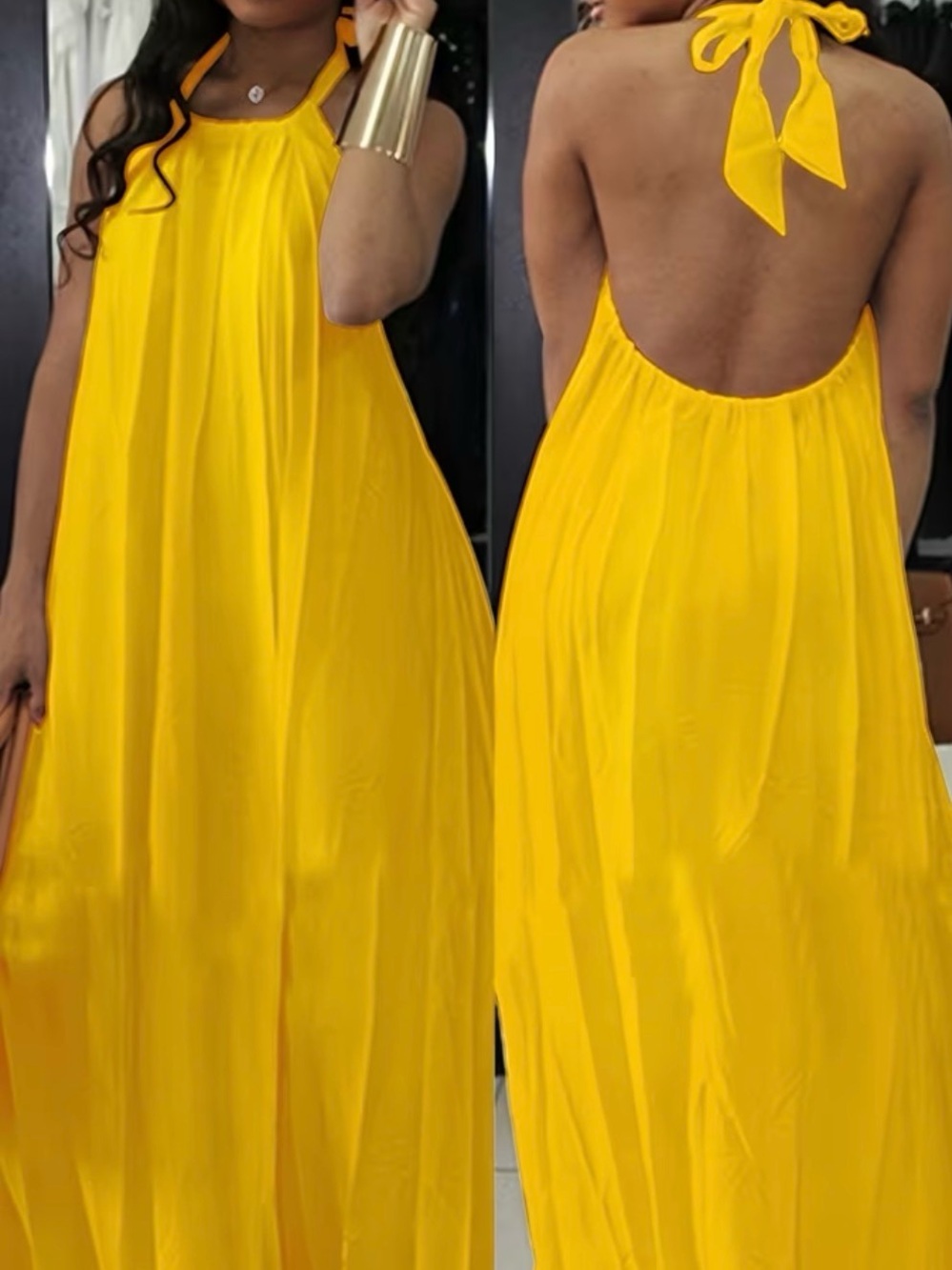 Yellow Halter Maxi Dress with Open Back